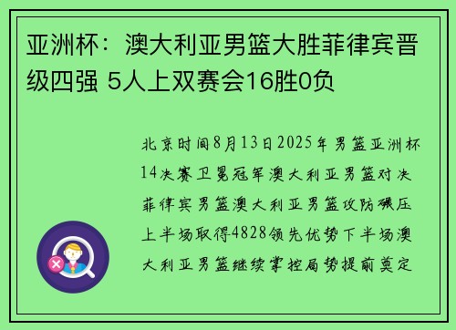 亚洲杯：澳大利亚男篮大胜菲律宾晋级四强 5人上双赛会16胜0负